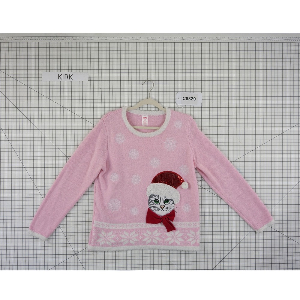 Holiday Time Sweater Women's Size Large 12-14 Pink Christmas Cat Santa Sequin - Picture 7 of 8